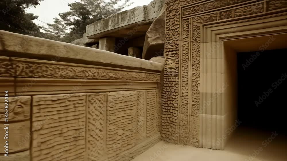 Poster camera tracks across large weathered stones, depicting ancient architecture with hieroglyphs and sur