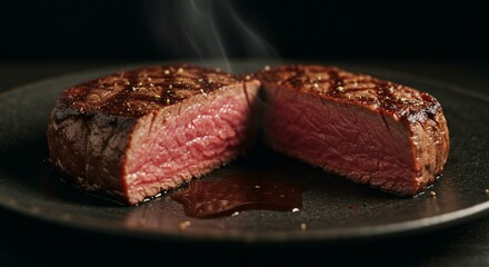 Macro of Rare Steak Cut with Juices Pooling on Plate

