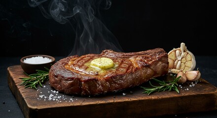Juicy Steak Perfection on a Rustic Wooden Board
