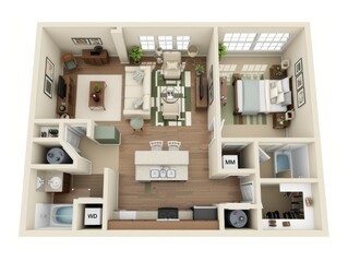 A small apartment with a kitchen, living room, and bedroom. The kitchen has a sink and a stove