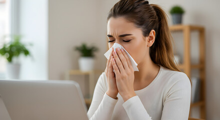 Young Woman Blowing Nose with Tissue at Desk with Laptop in White Shirt With Wooden Shelves
