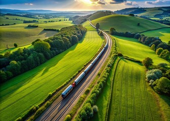Obraz premium Aerial View of Train Traveling Through Lush Countryside - Stock Photo