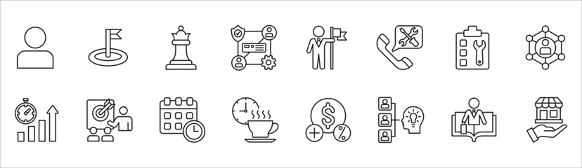 Business and management icon set. Contains symbol of businessman, target, finance, financial, success, data, customer service, work, money, store, shop, meeting, education, idea. Vector illustration