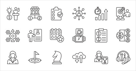 Business company icon set. Management icons. Contains symbol of finance, success, data, businessman, target, customer service, work, money, store, shop, meeting, education, idea. Vector illustration