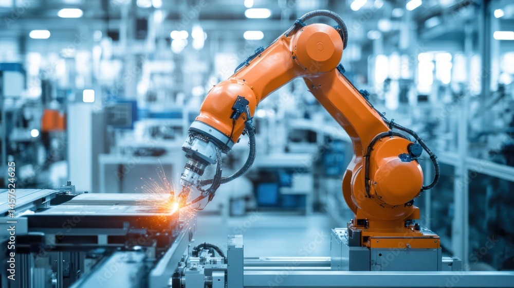 Poster automated robotic arm precision welding process in a modern industrial setting