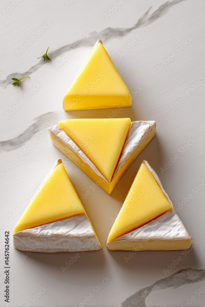 Poster soft brie cheese is sliced into triangular pieces and arranged neatly on a clean white surface. mini