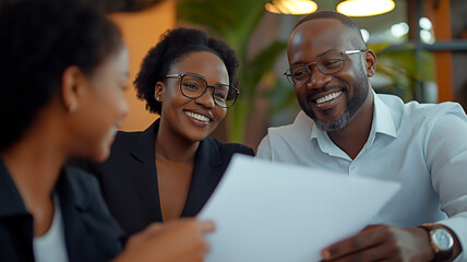 An African American couple reviews documents with a smiling female advisor in a modern office. Concept of financial planning and client empowerment.