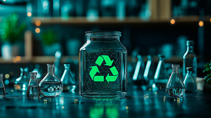 A recycling icon glows on a flask amid scientific glassware in a dark lab setting. Concept of circular chemistry and sustainable research.