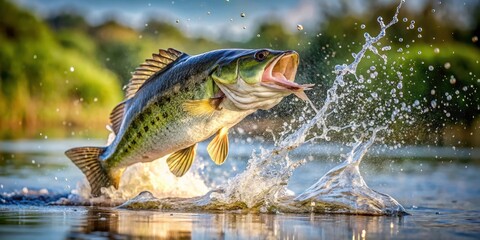 Fototapeta premium A largemouth bass breaks surface with force, sending water flying in all directions as it breaches the water's edge, its scales glistening in sunlight , nature, outdoors