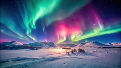 Pink Aurora Borealis Dancing Over Snowy Landscape, snow-covered landscape, aerial