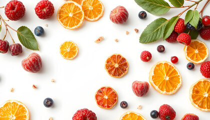 Composition with different freeze-dried fruits and berries on white background, Backlit. isolated with white highlights