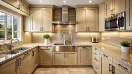 Warm beige kitchen with sleek modern appliances, granite countertop, and stainless steel sink, countertop