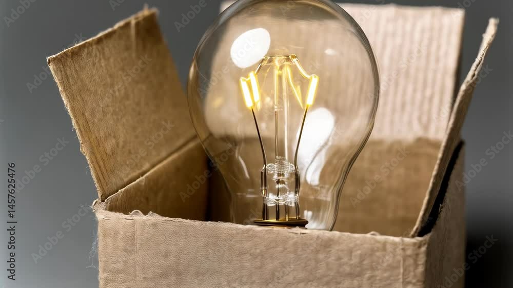 Poster illuminated lightbulb in cardboard box with glow filament creating conceptual visualization, inventi