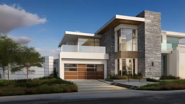 Modern luxury house exterior with stone facade, flat roof, and garage, nestled within a landscaped front yard on a sunny day. Contemporary architecture.