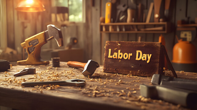Labor Day Craftsmanship: A meticulously arranged workbench scene is highlighted by the warm glow, featuring tools of trade with a "Labor Day" sign, evoking industry and the spirit of labor