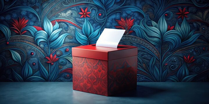 Red ballot box with blank voting paper on a dark blue background, surrounded by intricate patterns of leaves and flowers, electoral system, ballot box design