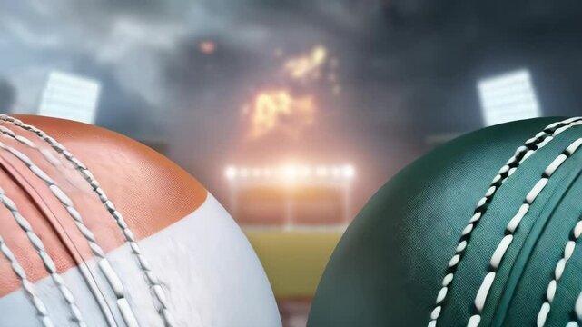 Cricket ball, India versus Pakistan competition concept for sports theme showdown on stadium background showing the national colors