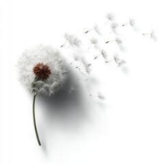 White Dandelion Seeds Blowing in the Wind on White Background