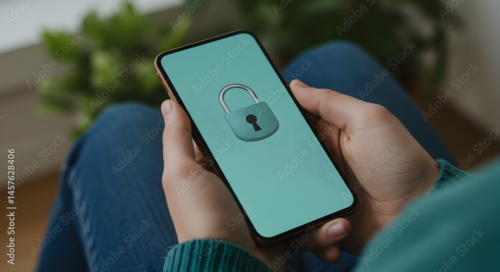 Poster close up of person holding mobile phone displaying a digital padlock with green background and blue 