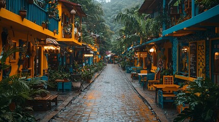 Fototapeta premium Colorful street in a tropical town after rain.