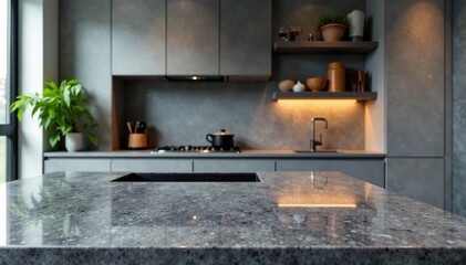Sleek gray granite countertop, modern kitchen, clean, contemporary, backsplash