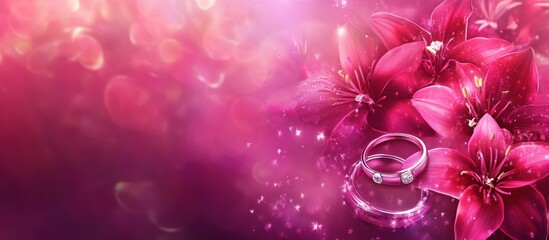 Elegant jewelry advertisement with pink lily blooms and a glittering backdrop