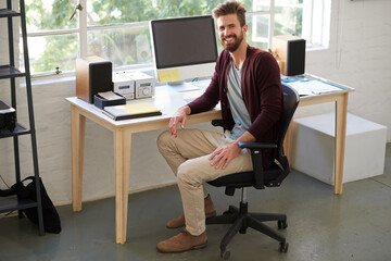 Workspace, business and man in portrait in office, startup project and management with pride. Creative agency, male graphic designer and confidence for career, planning and professional for job
