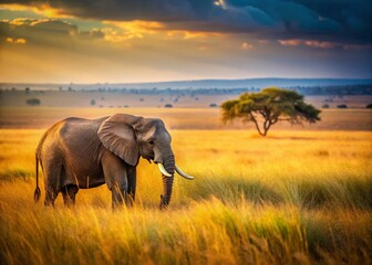 Naklejka premium African Elephant Grazing in Savannah - Wildlife Photography