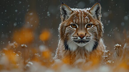 Obraz premium Lynx in snowy autumn field.