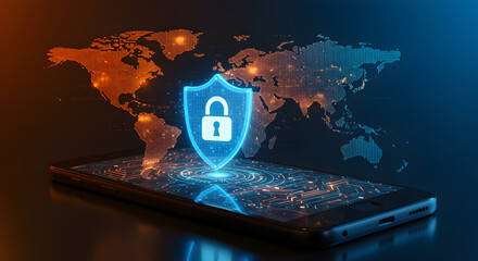 Digital Shield and Padlock Icon on Smartphone Screen with Pixelated World Map in Blue and Orange Light