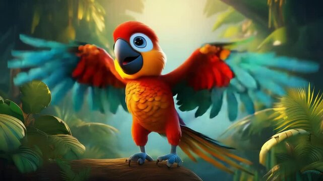 Cute a cartoon Macaw Parrot Bird Dancing in the Jungle