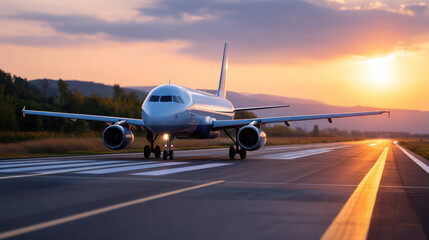 Obraz premium An airplane taxiing on sunlit runway surrounded by shimmering summer heat haze and glowing sunset sky creating warm and peaceful atmosphere