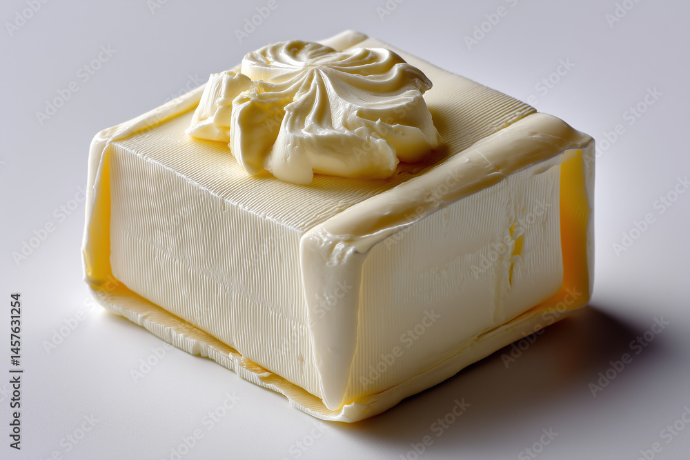 Poster cream cheese block with smooth edges centered on bright white background. minimalist style emphasize