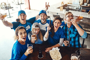 Sports, fans and portrait of people in pub with beer, win and happy celebration of world cup...