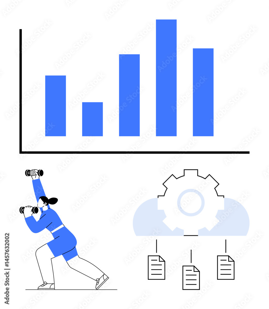 Poster person using binoculars to study graph trends, with cloud-based gear processing and document workflo