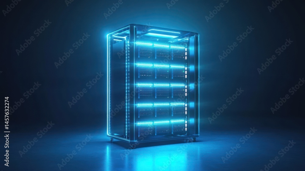 Poster futuristic server rack with vibrant blue neon illumination showcasing advanced computing infrastruct