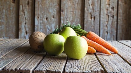 Weathered wooden surface displaying vibrant green apples, leafy carrots, and deep red beet, capturing fresh, locally grown organic vegetables in rustic farmhouse setting