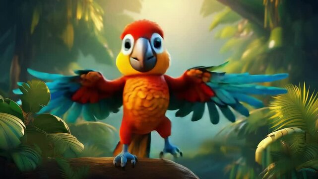 Cute a cartoon Macaw Parrot Bird Dancing in the Jungle