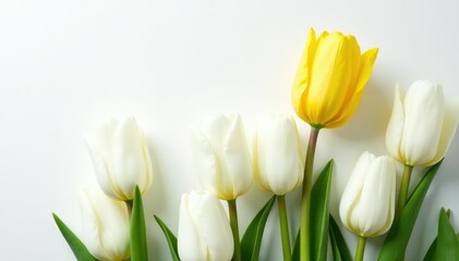 Fototapeta premium Lone yellow tulip among white tulips on white, stylish, texture