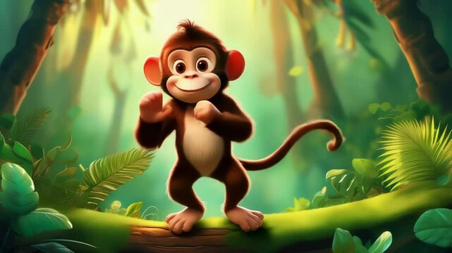 Cute a Cartoon Monkey Dancing in the Jungle