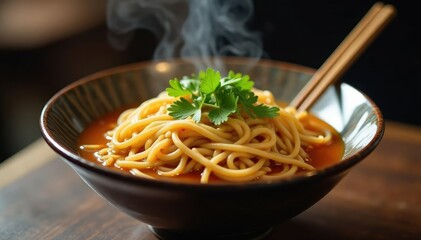 Steaming bowl of ramen noodles, chopsticks, garnish, bowl, china, dinner