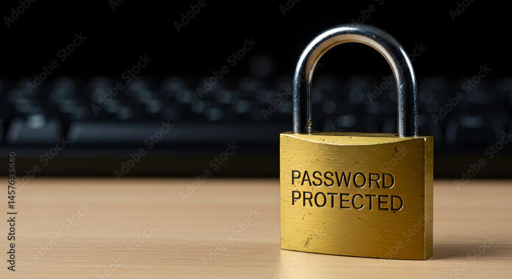 Poster gold password protected padlock with black computer keyboard against wood table top and professional