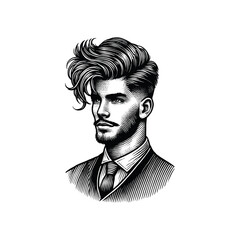 Vintage Retro Handsome Male Illustration - Black and White Line Art, drawn in an engraved, woodcut style with fine details sketch engraving vector illustration. Scratch board imitation.