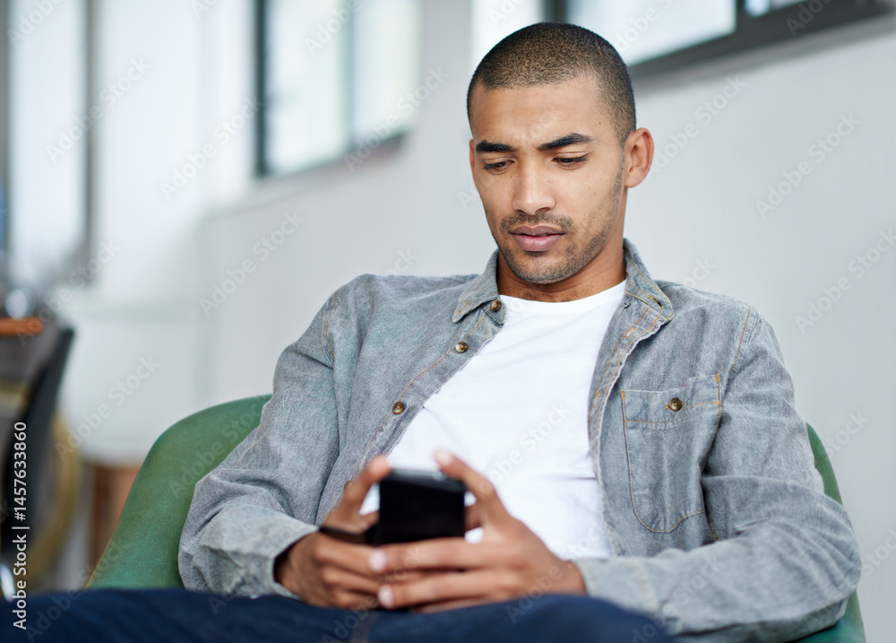 Poster break, deigner or man in startup with smartphone for social network, blog media website and message.