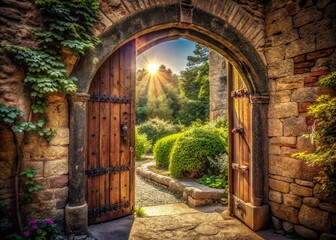 Ancient Castle Gate: Wooden Door to Secret Garden - Vintage Photo
