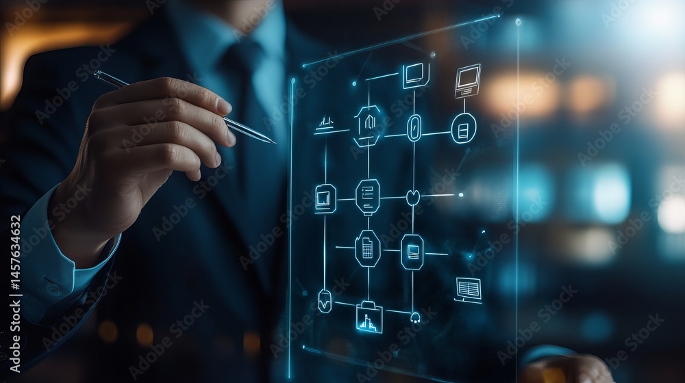 Poster businessman analyzing digital network technology data flow chart modern business strategy planning i