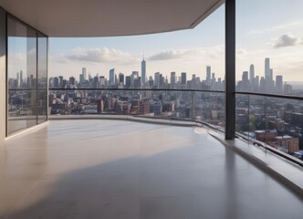 Fototapeta premium Sleek, minimalist apartment with panoramic balcony and city skyline, panoramic view, home decor, light