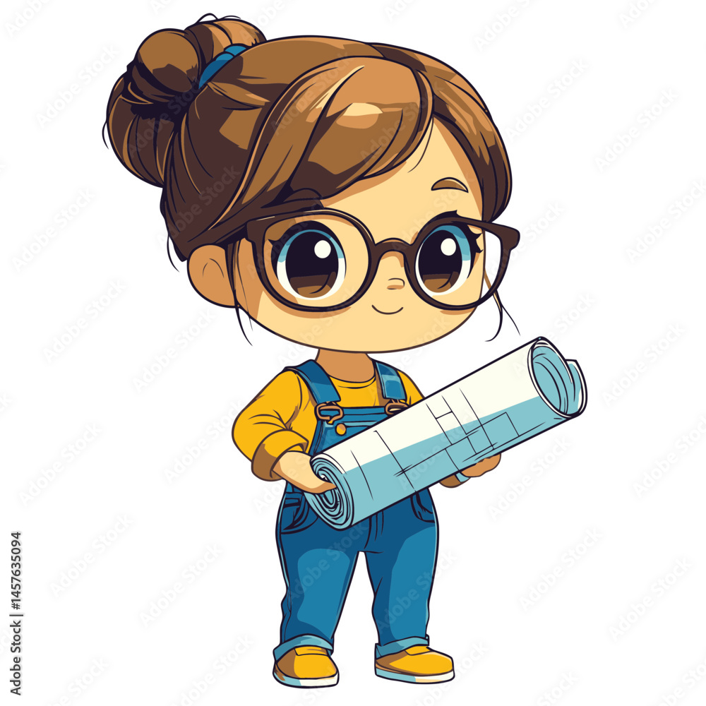 Poster cute kawaii chibi architect holding blueprints in a playful and colorful design representing creativ