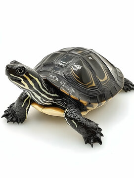 Close-up view of a small turtle with intricate shell patterns.