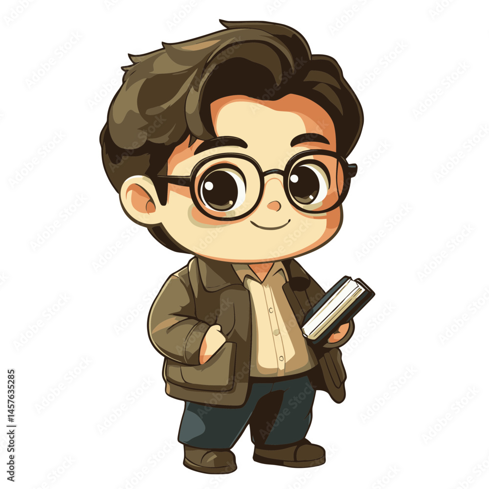 Poster kawaii chibi character of a journalist holding a notebook with a friendly expression in a playful 2d